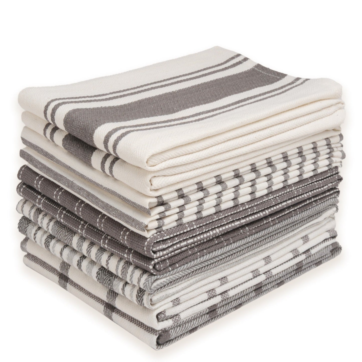Ten-Pack Cotton Flat-Weave Kitchen Towel Set with Stripe, Check and Solid-Border Designs in Nine Colors