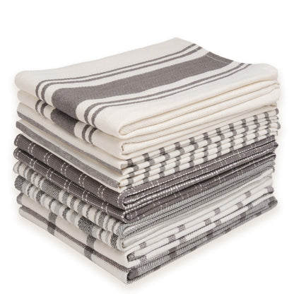 Ten-Pack Cotton Flat-Weave Kitchen Towel Set with Stripe, Check and Solid-Border Designs in Nine Colors