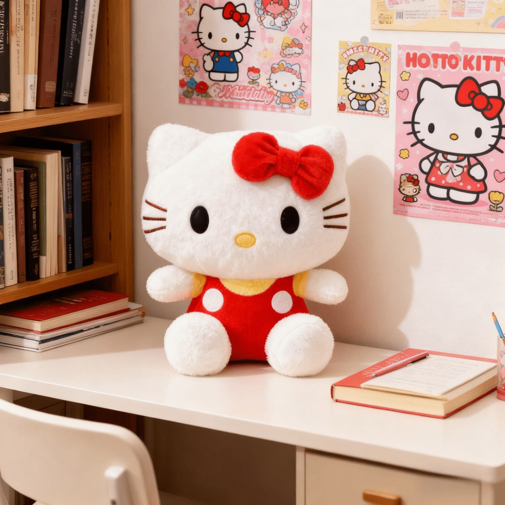 Plush Toy Bow-Wearing Cat Character Doll with Red, Pink or Blue Color Options and Soft Fabric