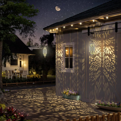 Solar Lanterns Outdoor 2 Pack Moroccan Cut-Out Design IP54 Waterproof Auto Dusk-to-Dawn Garden Pathway Patio Lantern Lights Gold Purple White Copper