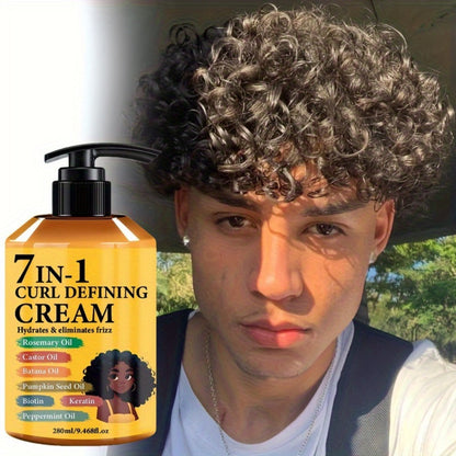Curl Cream for Wavy & Curly Hair 9.47oz - 7-in-1 Moroccan Argan Oil & Rosemary Formula for Long-Lasting Hold, Frizz Control & Naturally Fluffy Defined Curls | Curly Girl Method Approved