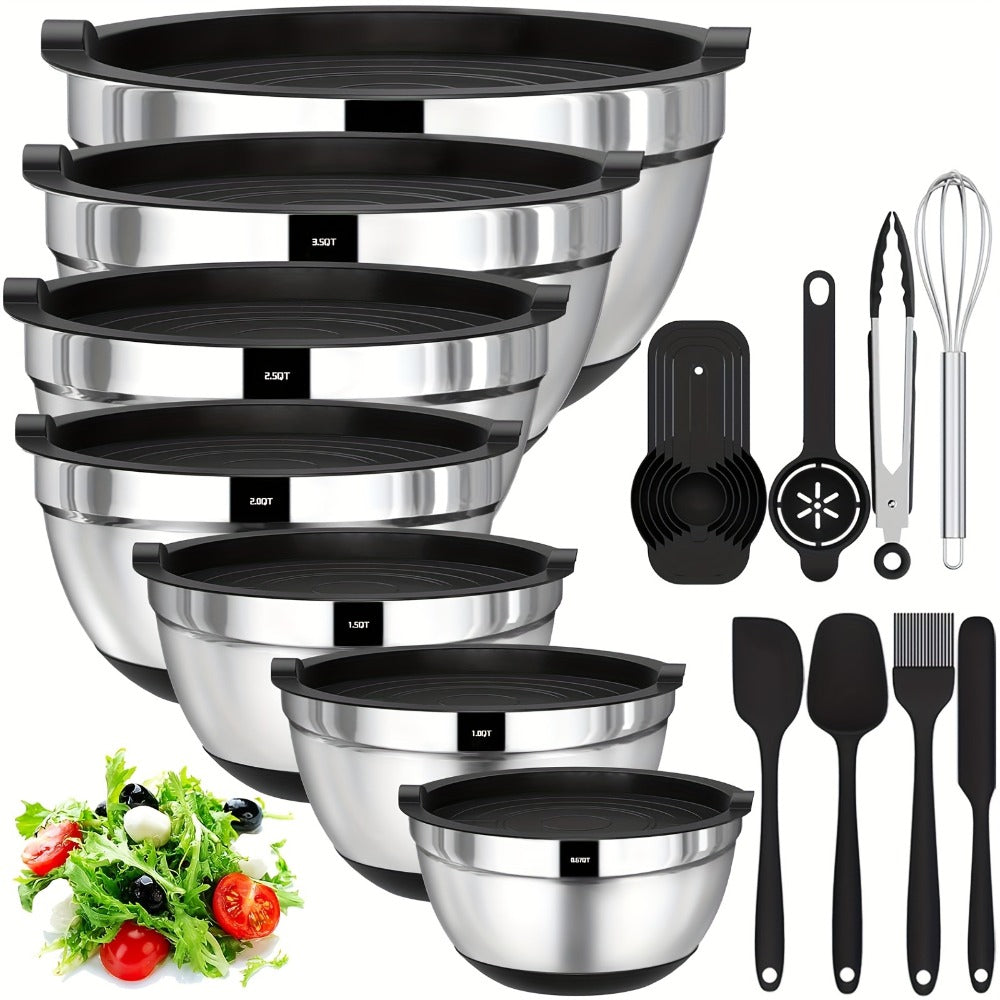 Seven-Bowl Nesting Mixing Set with Lids, Kitchen Tools and Multicolored, Black, Gray or Khaki Options