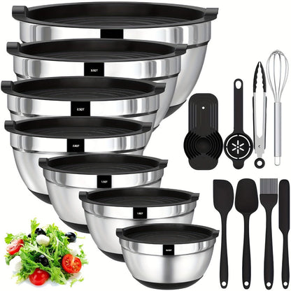 Seven-Bowl Nesting Mixing Set with Lids, Kitchen Tools and Multicolored, Black, Gray or Khaki Options
