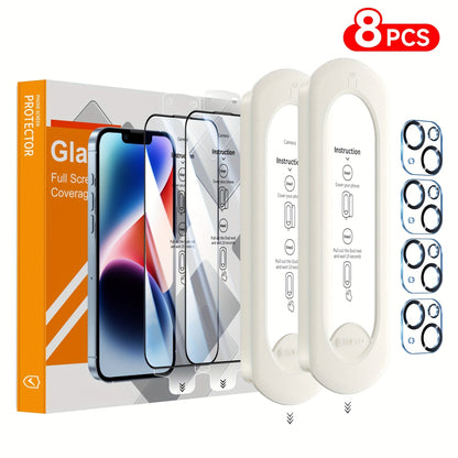 Screen Protector, 8-Piece iPhone Tempered Glass Set with Four Screen Films, Four Camera Lens Covers and Alignment Tools