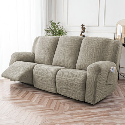 Slipcover Set, Eight-Piece Jacquard Stretch Cover for Three-Seat Recliner with Side Pocket in Nine Colors