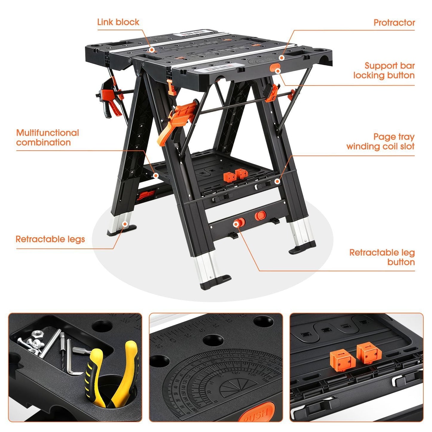 Orange-and-Black Folding 31.1 x 25-Inch Workbench and Sawhorse with Clamps, Blocks and Tool Tray