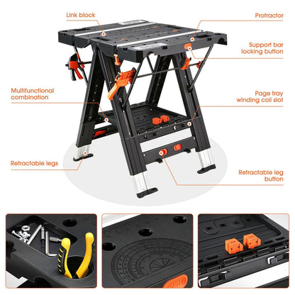 Orange-and-Black Folding 31.1 x 25-Inch Workbench and Sawhorse with Clamps, Blocks and Tool Tray
