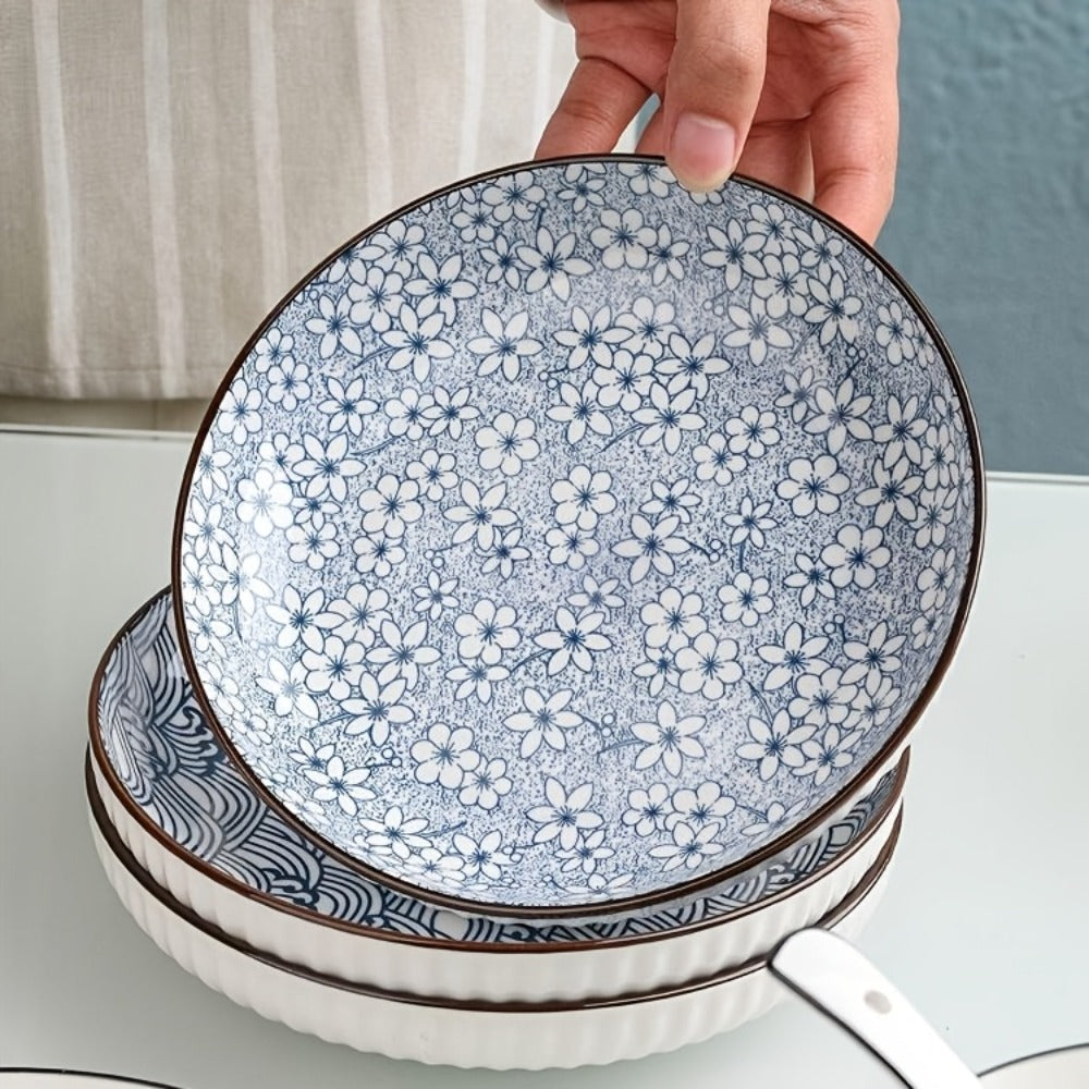 Blue White Ceramic Plates Set of 4 Round Shallow Serving Plates for Pasta Salad Bread for Entryways, Bedrooms and Living Spaces