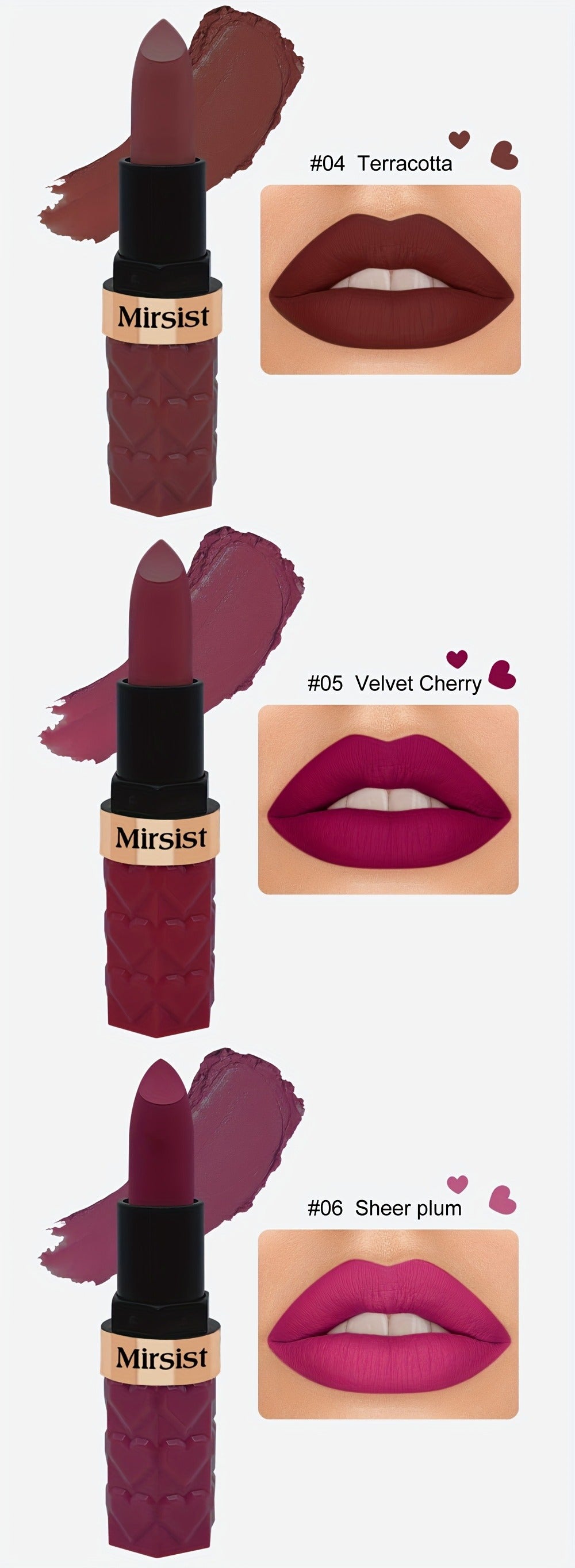 Lipstick Set, Mirsist 6-Piece Silky Matte Bullet Collection in Nude, Red, Brown, Berry and Plum Colors