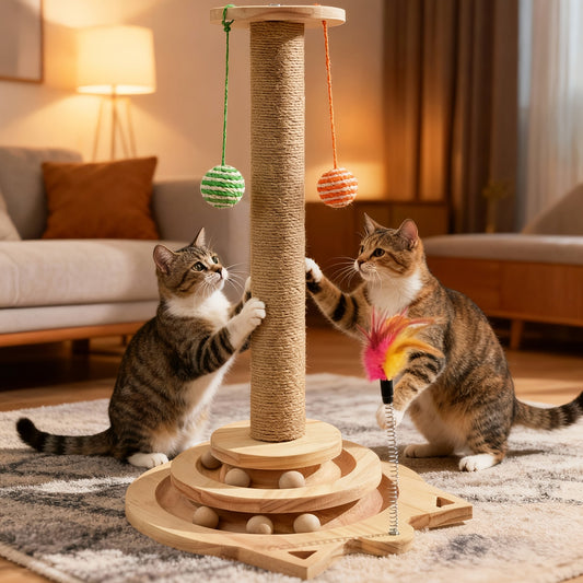 Multi-Level Sisal Cat Scratching Post 4-in-1 with 6 Wooden Balls 2 Hanging Balls & 2 Feather Teaser Toys - Premium Thickened Sisal Anti-Slip Base for Indoor Cats M L XL + Replacement Pillars