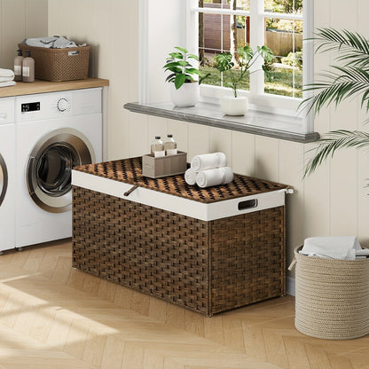 Large Storage Basket with Lid & Handles - 220L Handwoven Wicker Blanket Basket, Metal Frame, Soft Lining, Foldable for Bedroom, Laundry Room & Living Room