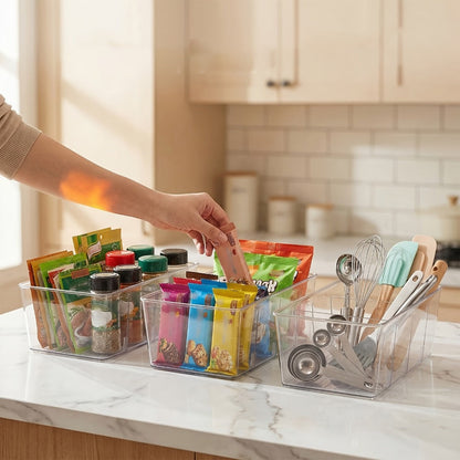 Clear Pantry Storage Bins Set of 8 with Dividers - Transparent Refrigerator Organizer Bins for Kitchen Cabinet, Pantry Organization, Snack Packet Spice Pouch Storage, 10.4" x 6.1" x 3.5"
