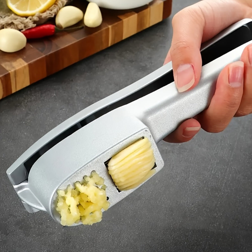 Manual Stainless Steel Two-in-One Garlic Press and Slicer for Mincing, Pureeing and Kitchen Preparation