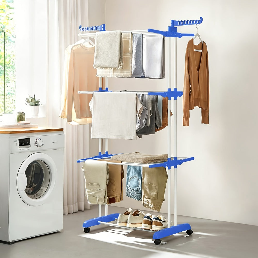 Four-Tier Foldable Metal Clothes Drying Rack with Casters for Up to 30 Garments and Small Spaces