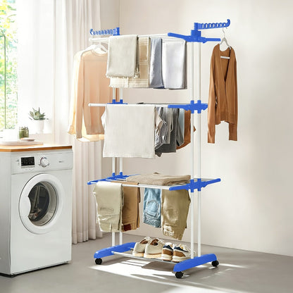 Four-Tier Foldable Metal Clothes Drying Rack with Casters for Up to 30 Garments and Small Spaces