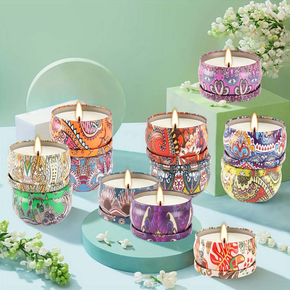 36-Piece Candle Gift Set with Lidded 2.5oz Decorative Tins in Three Coordinated Design Families