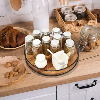 Wooden Turntable Kitchen Organizer 12-Inch Rotating Tray with Steel Armrests for Pantry or Countertop