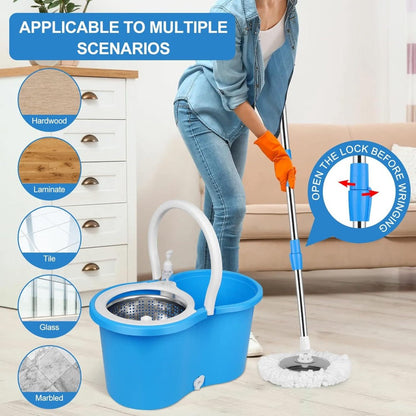 360 Spin Mop and Bucket Set with Wringer - Stainless Steel Extended Handle Spinning Mop Bucket System with Microfiber Mop Refills for Hardwood, Tile & Laminate Floor Cleaning, Black Blue Pink Red