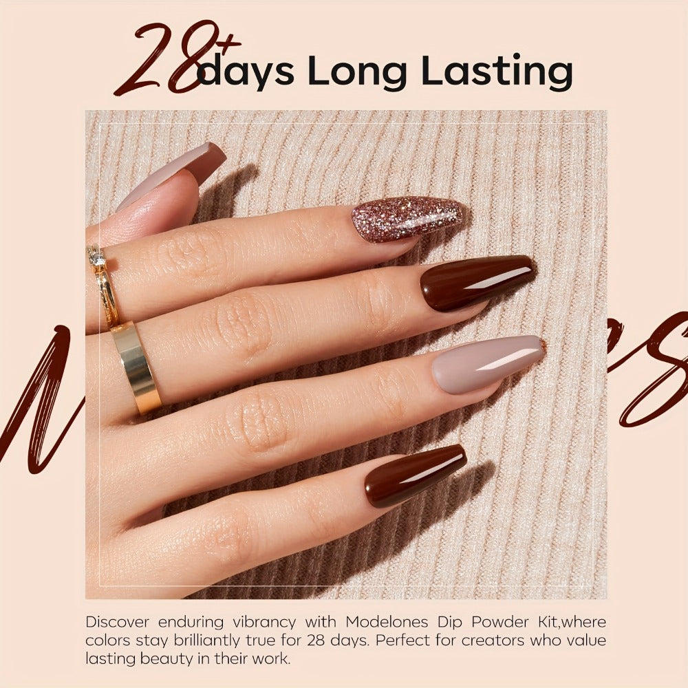 Dip Powder Nail Kit with YANYILIKE Label, Four Pink Brown Beige Powders, Three 10ml Liquids and Four Tools