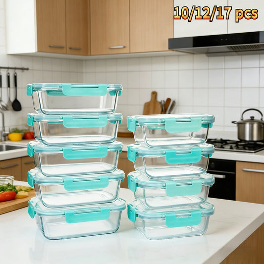 Food Storage Containers Borosilicate Glass Set with Locking Lids in 10-, 12- or 17-Piece Color Options