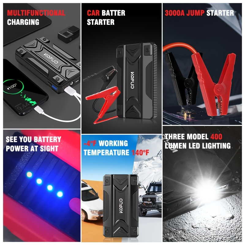 Car Jump Starter Power Bank 3-in-1 12V Battery Booster Charger LED Flashlight SOS for Cars Motorcycles SUVs Compact Emergency Starter Dead Battery in Seconds