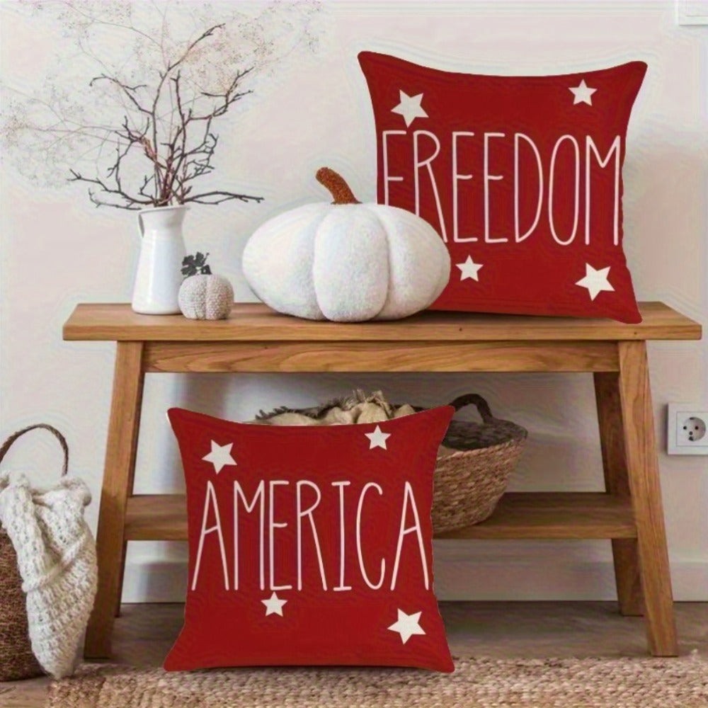 Four-Piece Patriotic Pillow Cover Set with Stars and Stripes Prints in Red, White and Blue