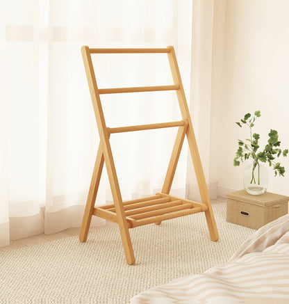 Bamboo Drying Rack 3 Tier Foldable with Storage Box - Space Saving Freestanding Clothes Hanger for Apartment, Bedroom, Bathroom & Balcony, Compact Laundry Rack for Small Spaces | Natural Burlywood