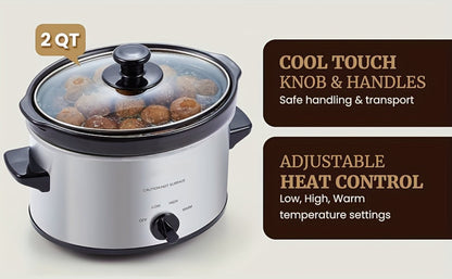 Mini Slow Cooker 1.5QT & 2.0QT with Adjustable Temperature Ceramic Crock & Dishwasher Safe Glass Lid – Small Slow Cooker for Sauces Dips Soups Stews, Stainless Steel & Black