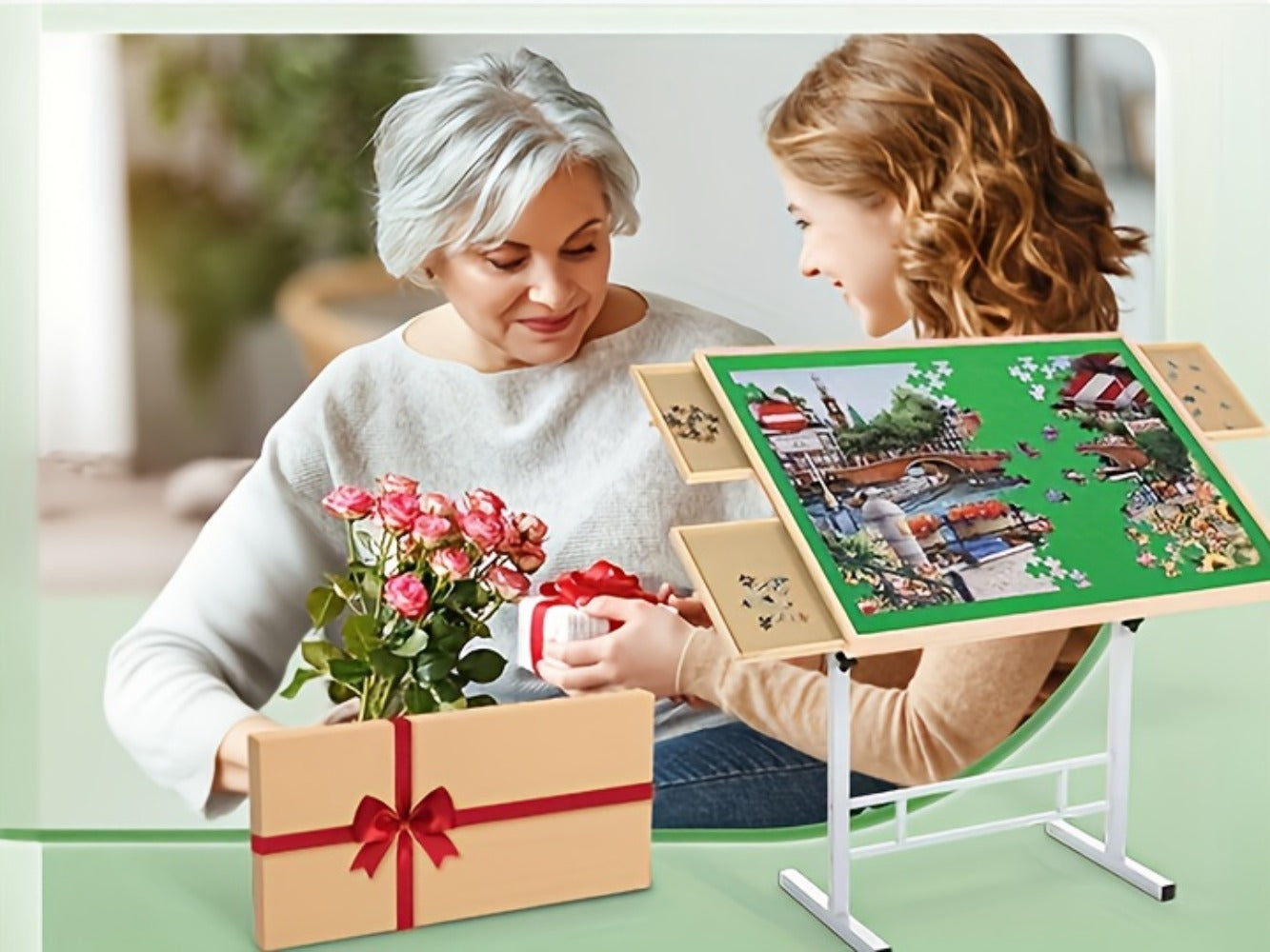 Adjustable Jigsaw Puzzle Table for 1500 Pieces with 4 Drawers, 35 x 26-Inch Wood Board and Metal Legs