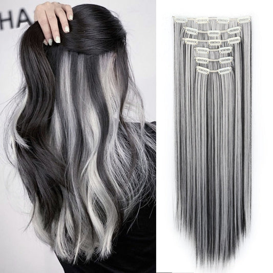 Space Gray Clip In Hair Extensions 6 Piece Set 24 Inch Heat Resistant Synthetic Fiber – Instant Length & Volume for Women | Daily Wear Halloween Costume Cosplay Party Gift