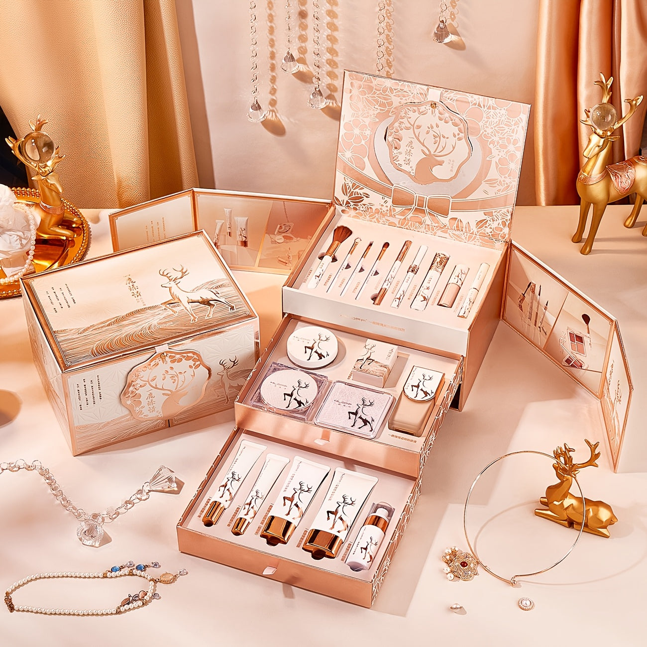 Rose-Gold Makeup Gift Box with Four-Pan Face Palette, Eyeshadow Palette, Lip and Eye Products and Makeup Brushes