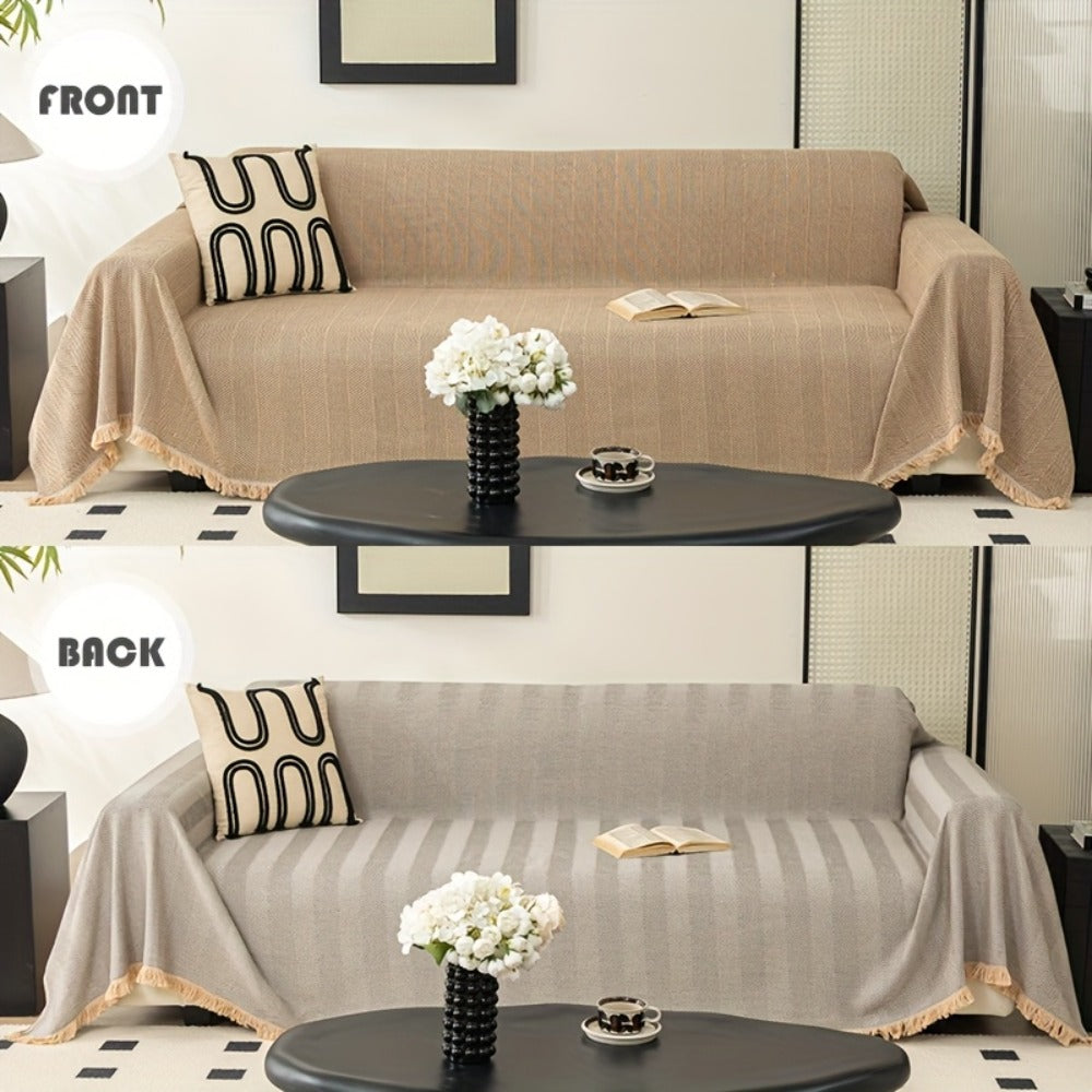 Sofa Cover 71-Inch Herringbone Jacquard Woven Throw with Tassel Fringe in Grey, Coffee, Green or Blue