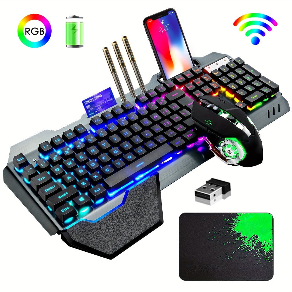 RGB Wireless Gaming Keyboard and Mouse Combo 2.4GHz Rechargeable Backlit Mechanical Feel Metal Panel for PC Laptop Desktop Black White Gamer Gift