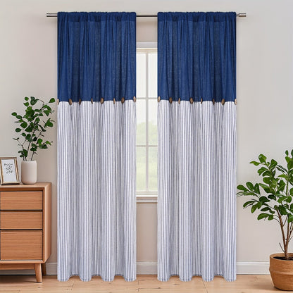 Striped Patchwork Window Curtain Set with Rod-Pocket Top, Six Colors and Five Panel-Count or Size Options