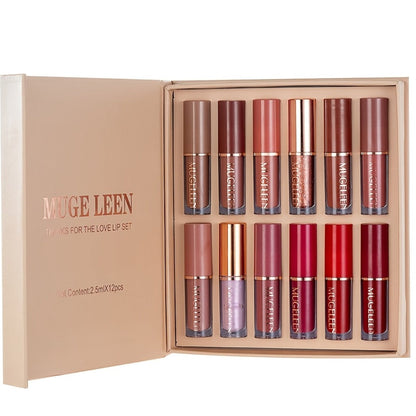Lip Gloss Set 12 Pcs Matte & Pearlescent Lip Glaze Collection – Non-Stick Cup Long-Lasting Non-Fading Velvety Finish Lip Makeup Gift Set for Women Girls All Skin Tones