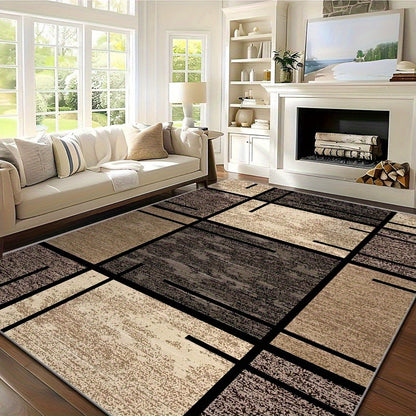 Area Rug Geometric Beige Brown 850 GSM Polyester Velvet in Four Machine-Washable Room Sizes