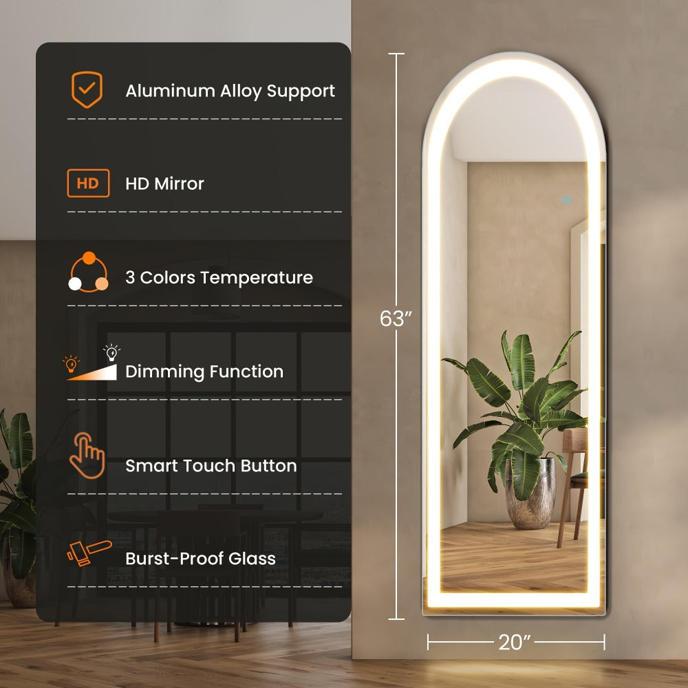 Full Length Mirror with LED Lights & Touch Sensor, 64"x21" Dimmable Smart Floor Mirror, Wall Mount or Freestanding
