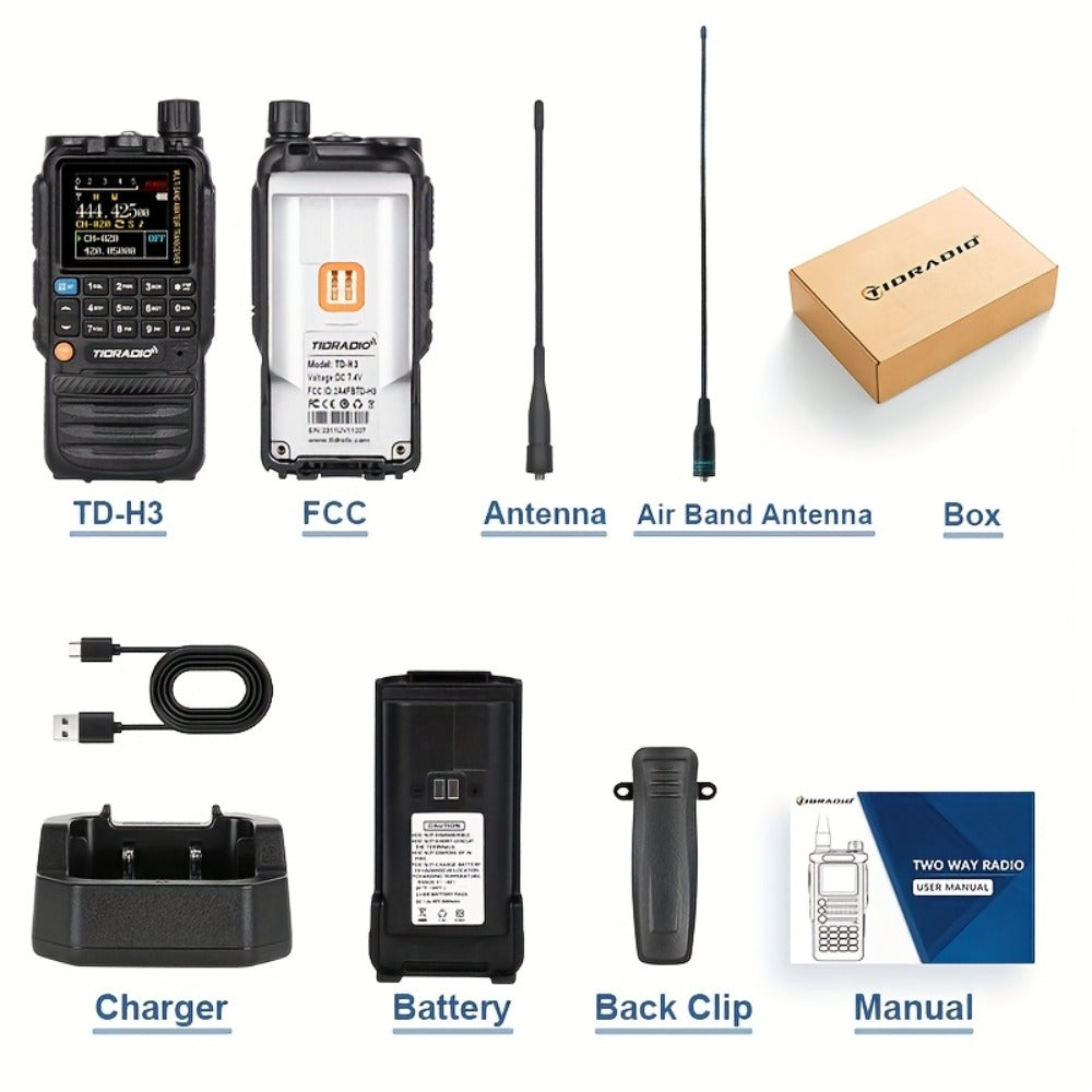 TIDRADIO TD-H3 Ham Radio GMRS Handheld Two Way Radio with USB-C Programming Charging, Long Range 2500mAh Battery, Air Band Antenna, Key Frequency Match for Outdoor Camping Emergency