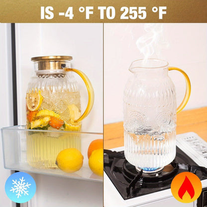 Embossed 68-Ounce Glass Pitcher with Golden-Tone Handle and Lid in One- or Two-Piece Packs