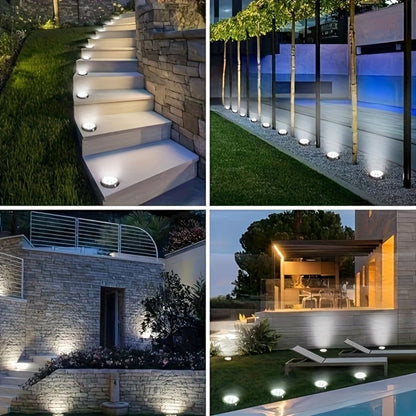 Solar Garden Light Ground Discs 8-Pack with 8 LEDs Each, Touch Dimming and Warm or Cool White Options