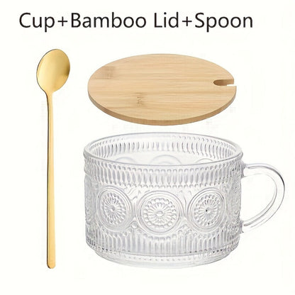 Glass Coffee Cups Set of 4 with Bamboo Lids and Spoons 450ml Vintage Embossed Iced Coffee Glasses for Cappuccino Latte Overnight Oats