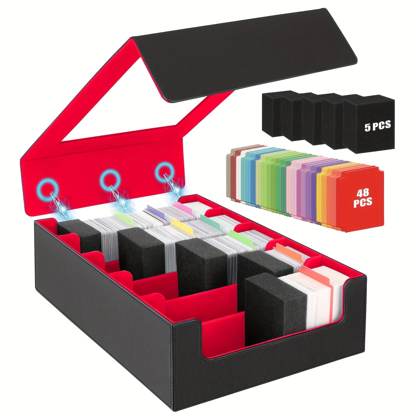 Five-Row Trading Card Storage Box with 48 Dividers, Five Foam Supports and 3200+ or 4000+ Capacity Options