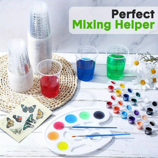 Plastic Measuring Cups with Wooden Sticks 100 Sets Clear Graduated Mixing Cups oz/ml/cc for Resin, Cooking, Baking & Epoxy – Disposable Paint Mixing Cups