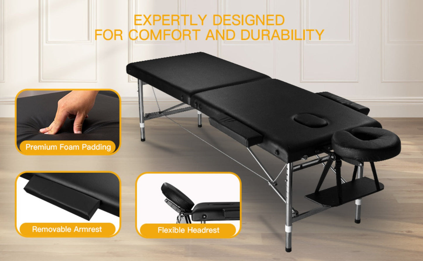 Portable Massage Table Folding Aluminum Frame PU Leather Adjustable Height 3-Section Spa Bed for Lash Extensions Esthetician Tattoo Facial Waxing Home Salon Use with Carrying Bag
