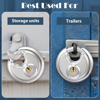 Padlocks with Same Key - 10pcs Stainless Steel Disc Lock Set, Keyed Alike Discus Pad Lock 2-3/4 Inch Wide 3/8 Inch Shackle, Outdoor Weatherproof Lock for Storage Unit, Shed, Garage, Gate & Fence