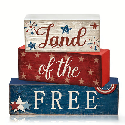 Land of the Free Patriotic Block Sign with Red, White and Blue Three-Tier Tabletop Shelf Design