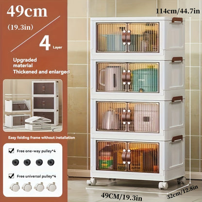 Storage Cabinet 49cm Foldable Rolling Organizer with Translucent Doors and Two to Five Layers