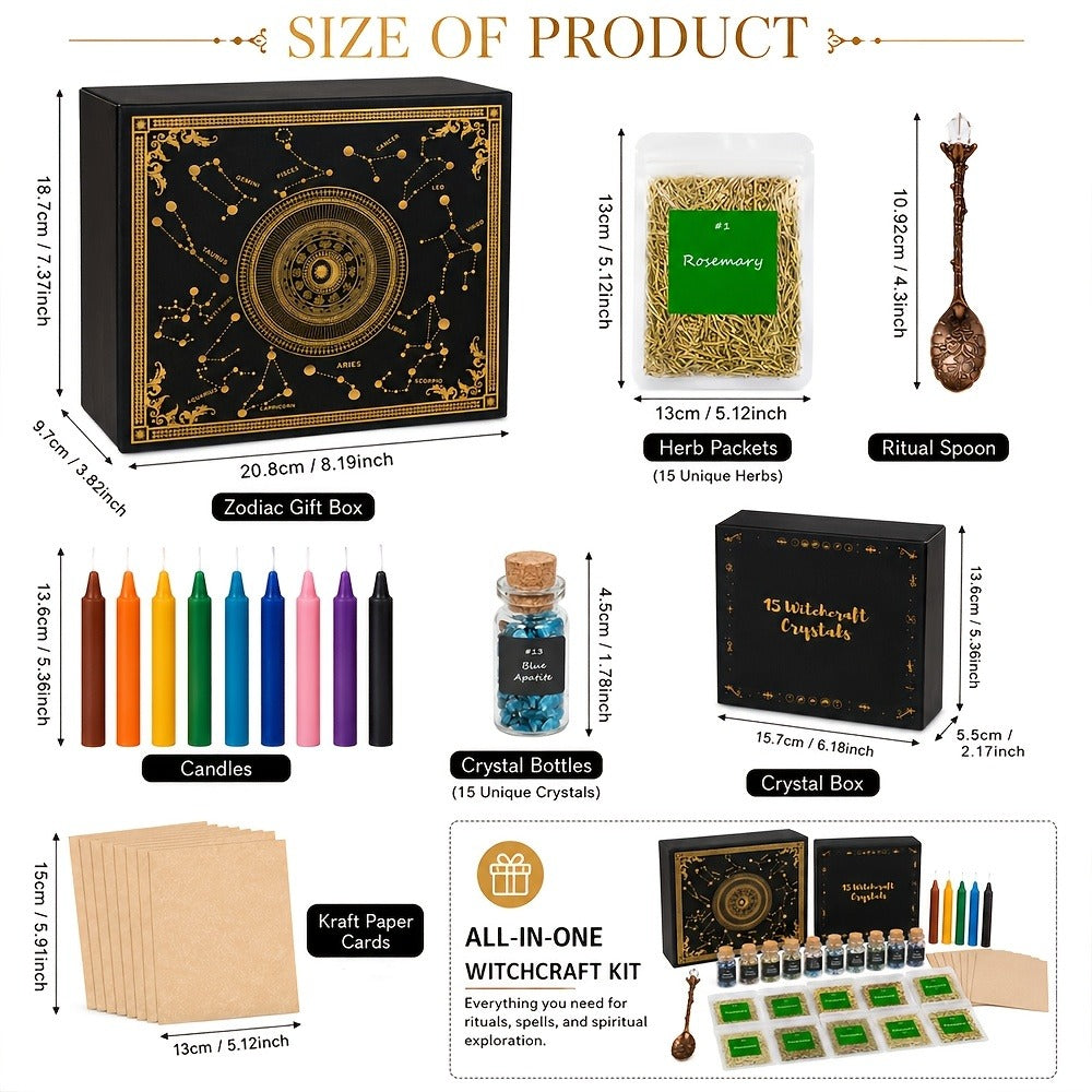 60pcs Witchcraft Supplies Kit for Beginners, Wiccan Supplies & Tools with Crystals, Candles