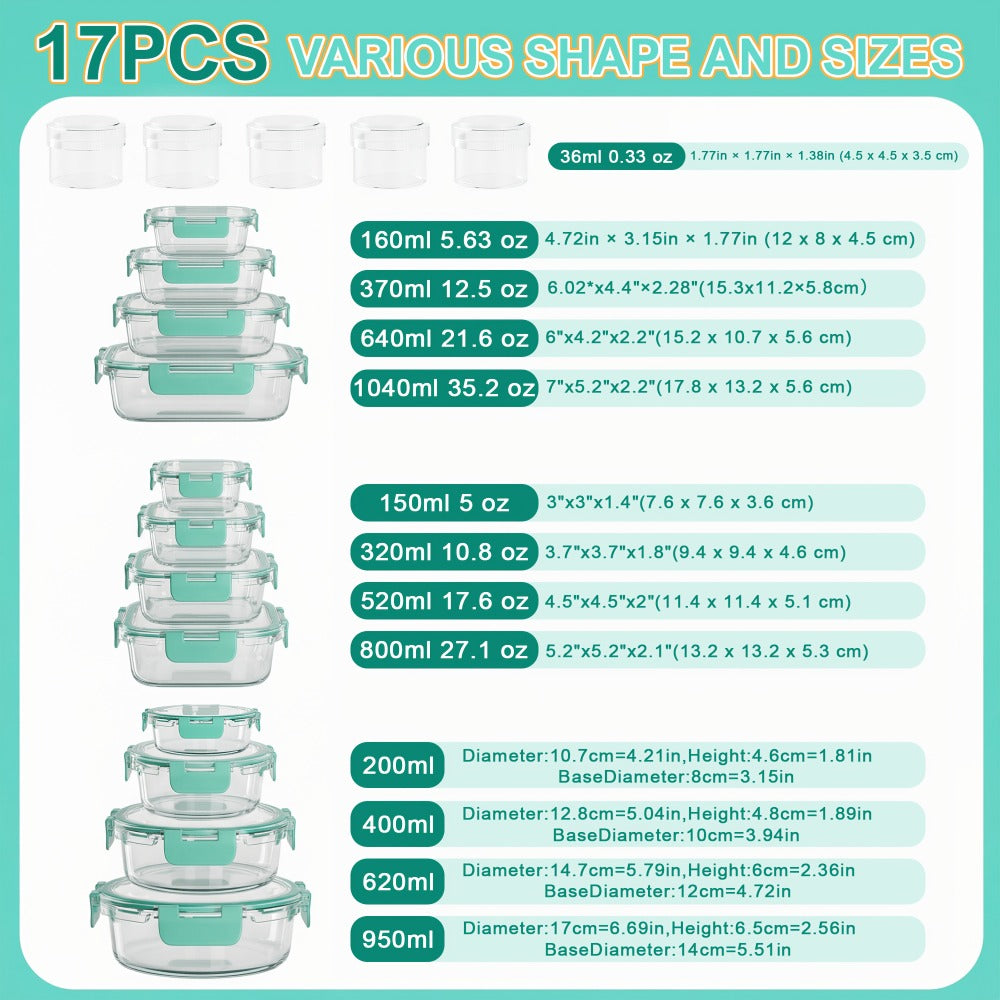 Food Storage Containers Borosilicate Glass Set with Locking Lids in 10-, 12- or 17-Piece Color Options