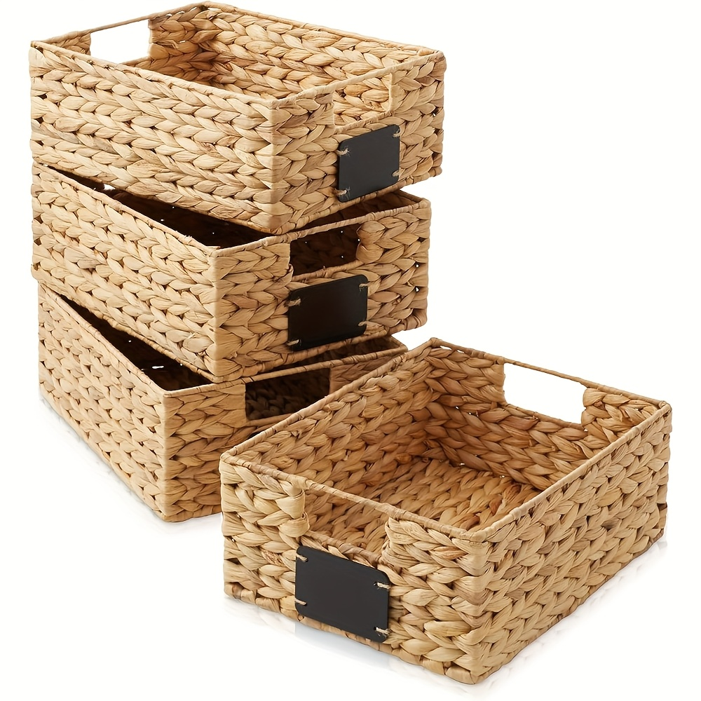 Pantry Baskets with Chalkboard Labels - Natural Water Hyacinth Woven Storage Bins 9"x12"x5", Kitchen Shelf Organizers, Available in 1, 2 & 4 Pack